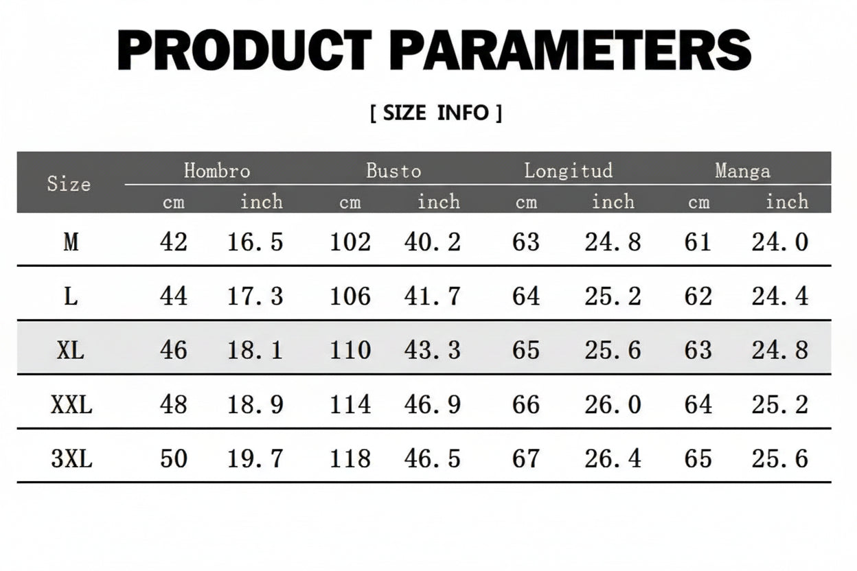 Product parameter table for clothing sizes with measurements in centimeters and inches.