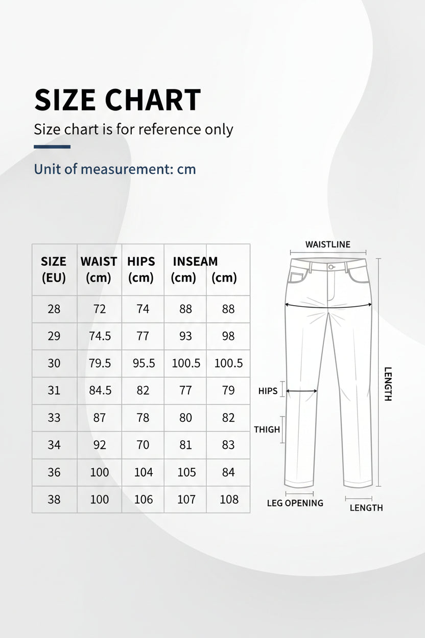 Size chart for clothing measurements in centimeters