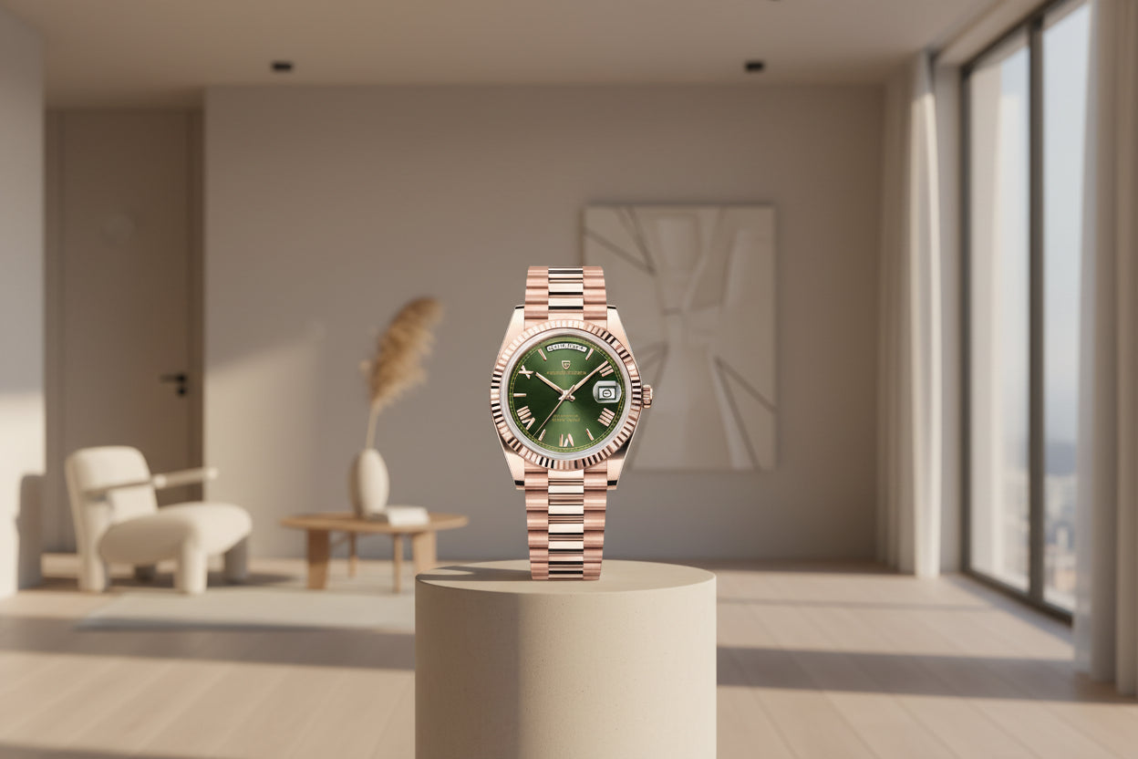 Rose gold watch with green dial and detailed case on a white background, featuring Pagani Design branding.