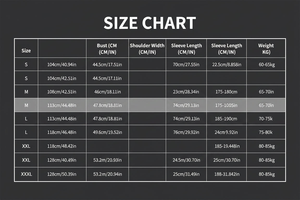 Size chart for clothing measurements in centimeters and inches