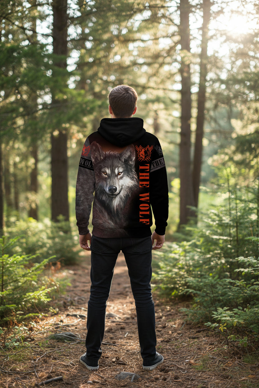 Hoodie with a wolf design and 'The Wolf' text on a white background