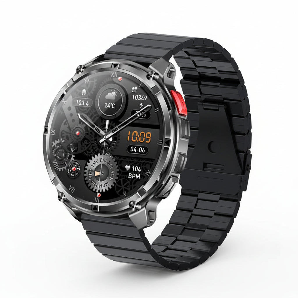 Smartwatch with black strap and detailed display, surrounded by feature text and icons.