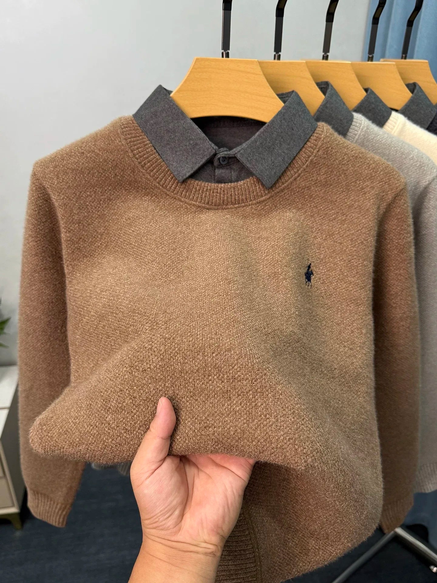 High end trendy pony embroidery men's sweater luxury brand fashion Paul winter velvet warm striped shirt collar knitted pullover