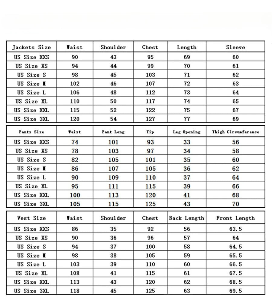 Measurement chart for jackets, pants, and vests with size dimensions.