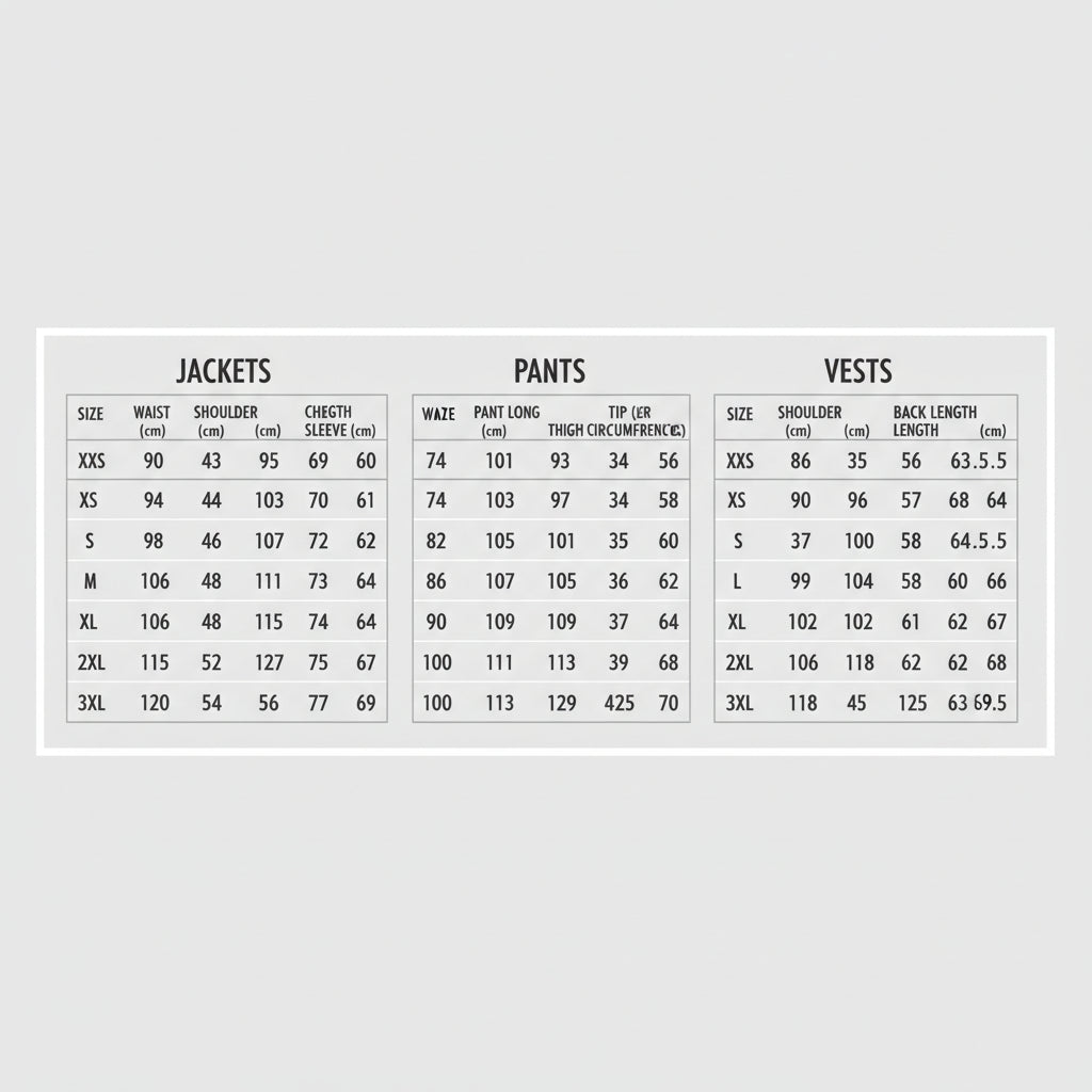 Measurement chart for jackets, pants, and vests with size dimensions.
