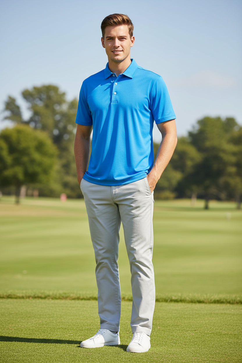 Blue polo shirt on a white background