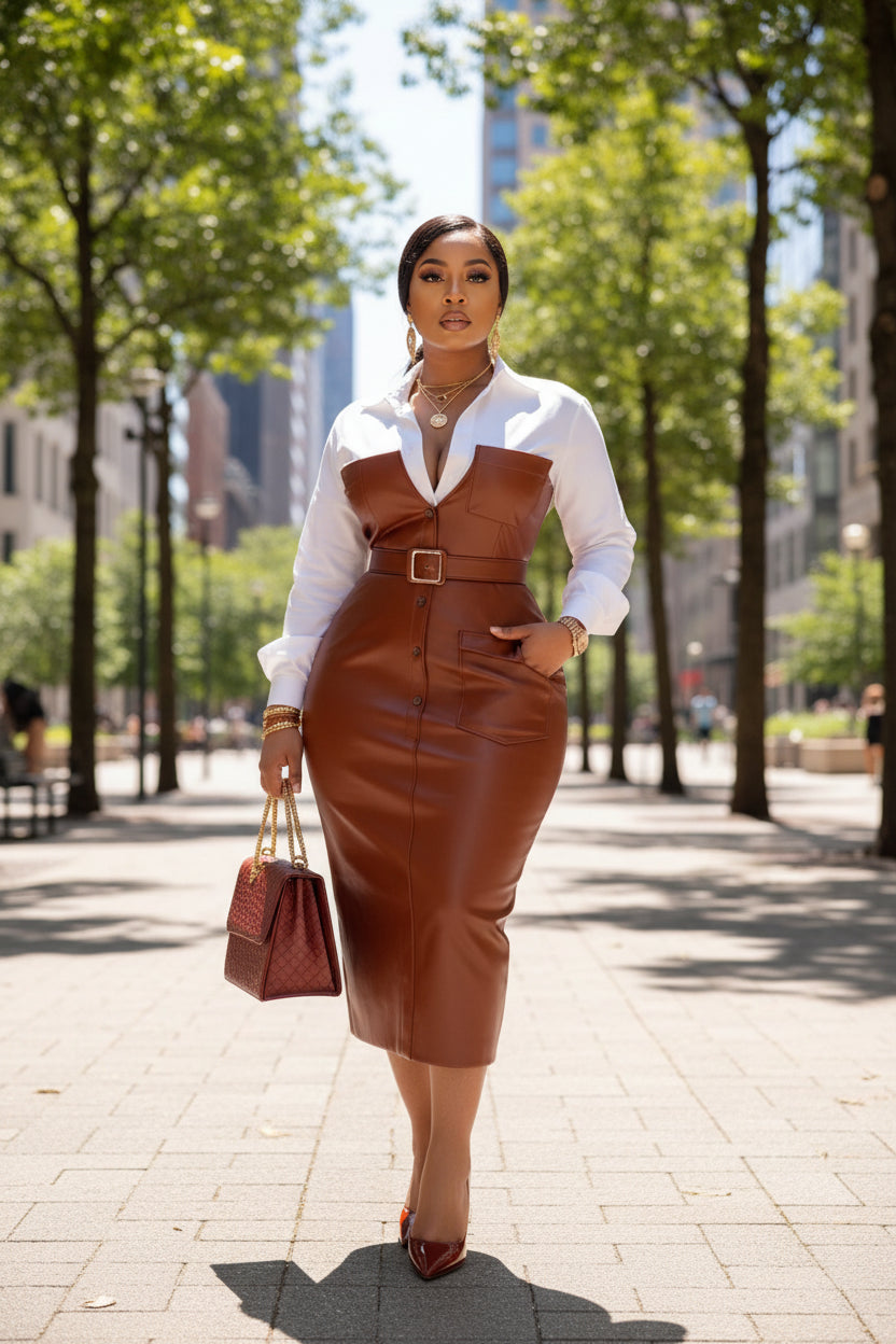 Womens Midi Dress with Collar, Long Sleeve, PU Leather Patchwork