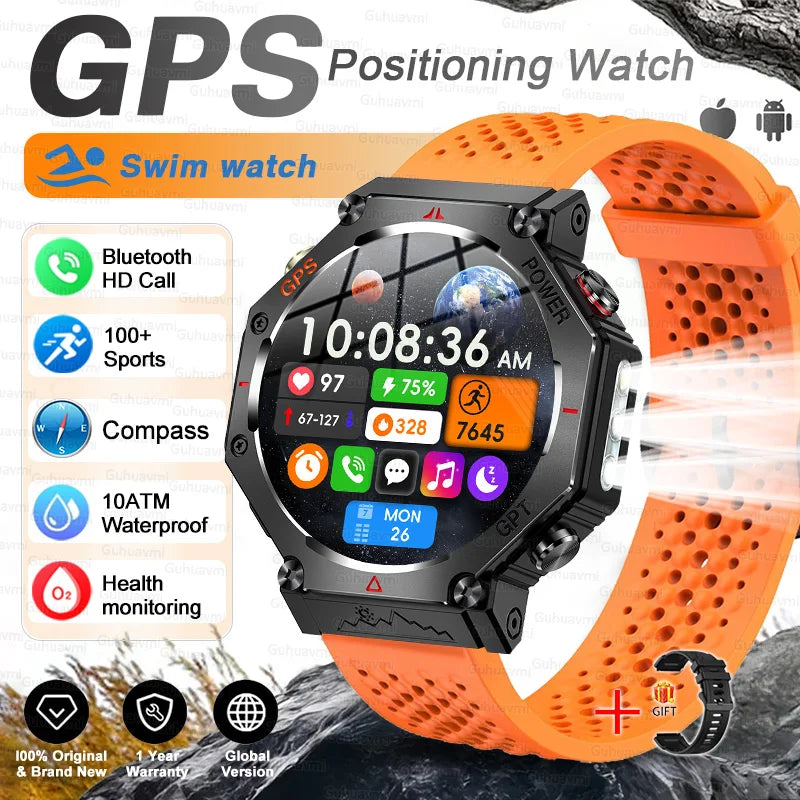 GPS positioning watch with orange band on a white background
