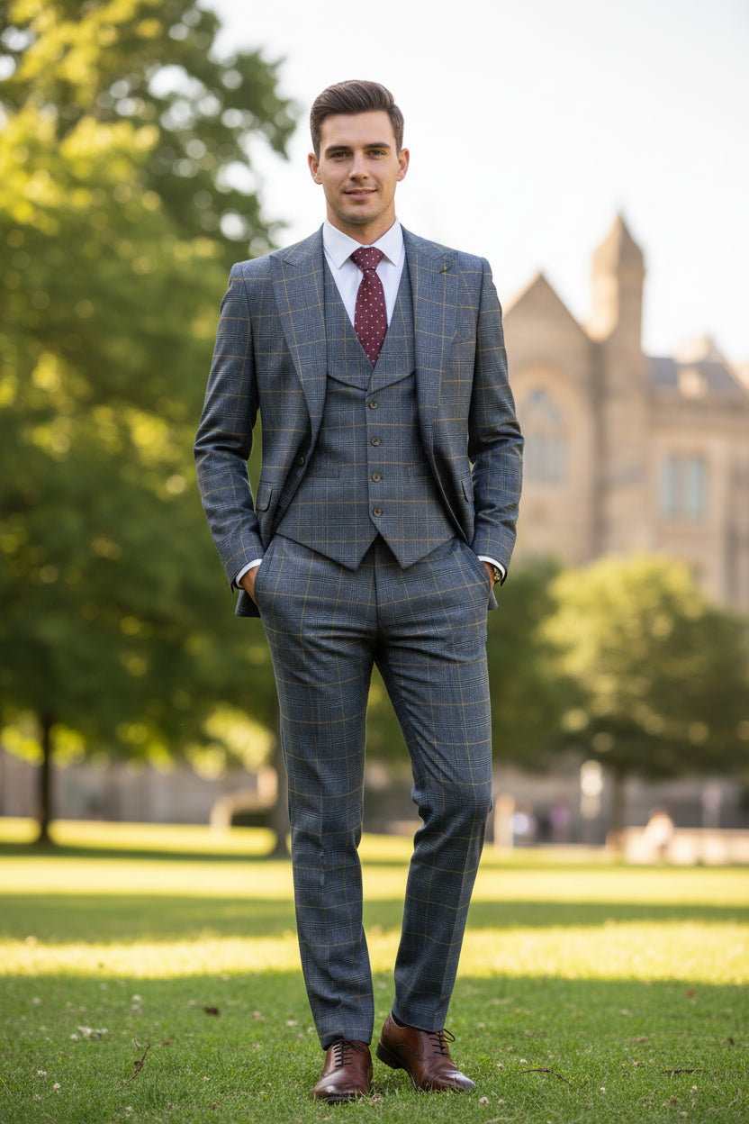 Gray checkered suit on a mannequin with a red tie against a beige curtain background