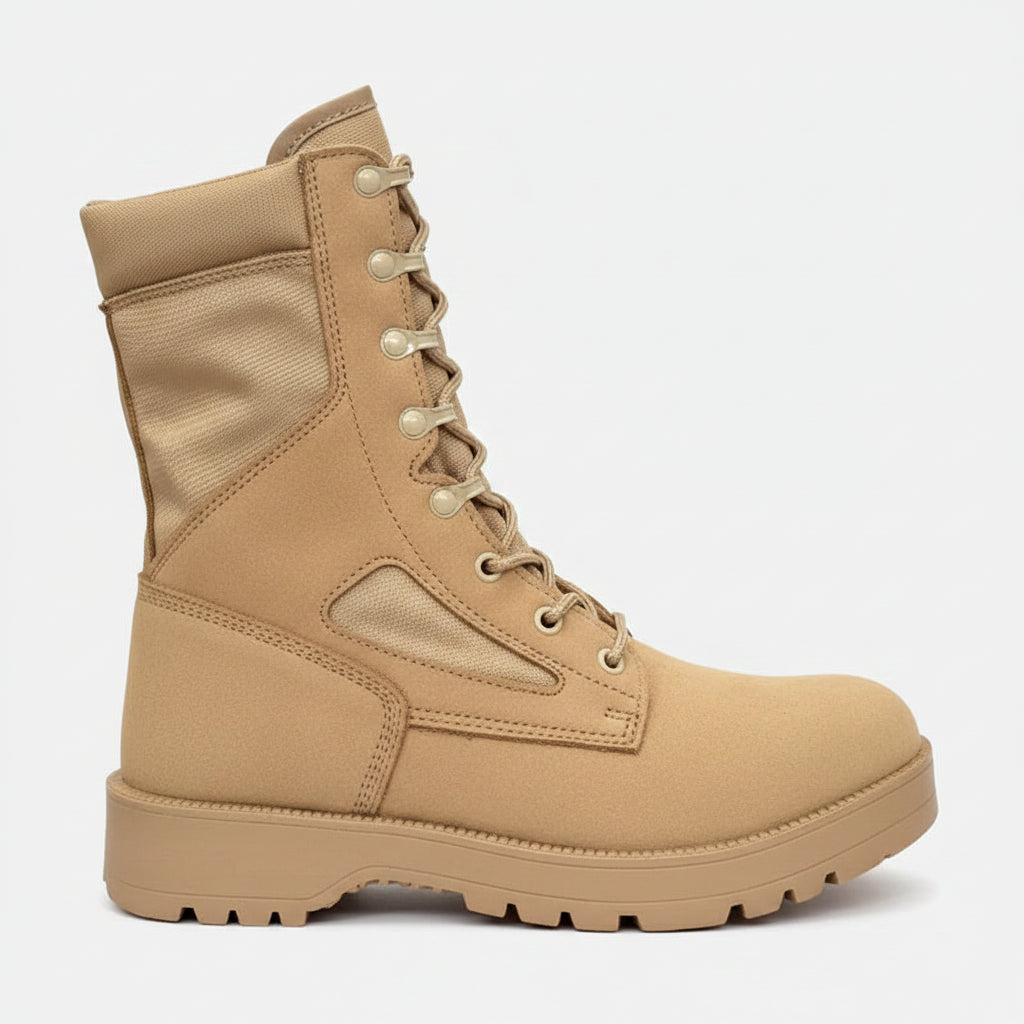 Tan boot with laces on a white background