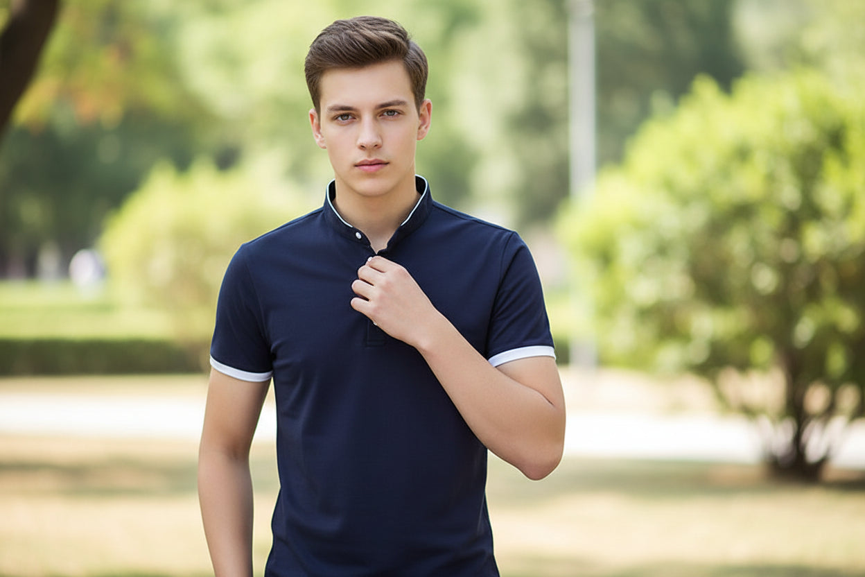 Navy blue polo shirt with white trim worn by a person on a gray background