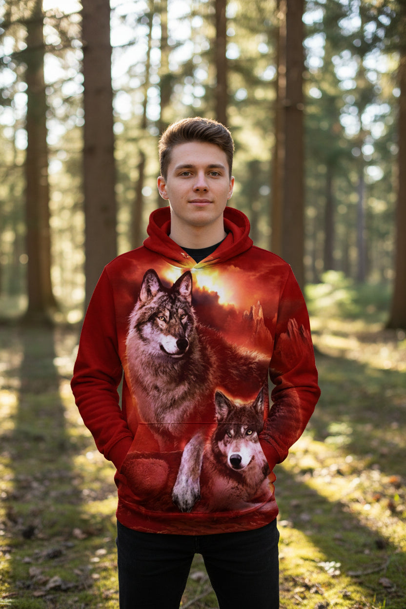 Hoodie with wolf design on a red and orange background