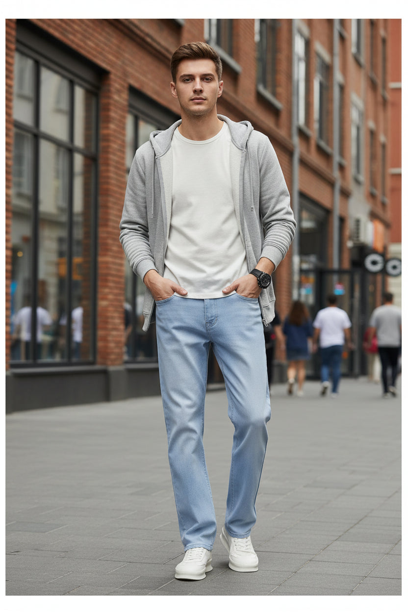Person wearing light blue jeans and white sneakers on a gray background