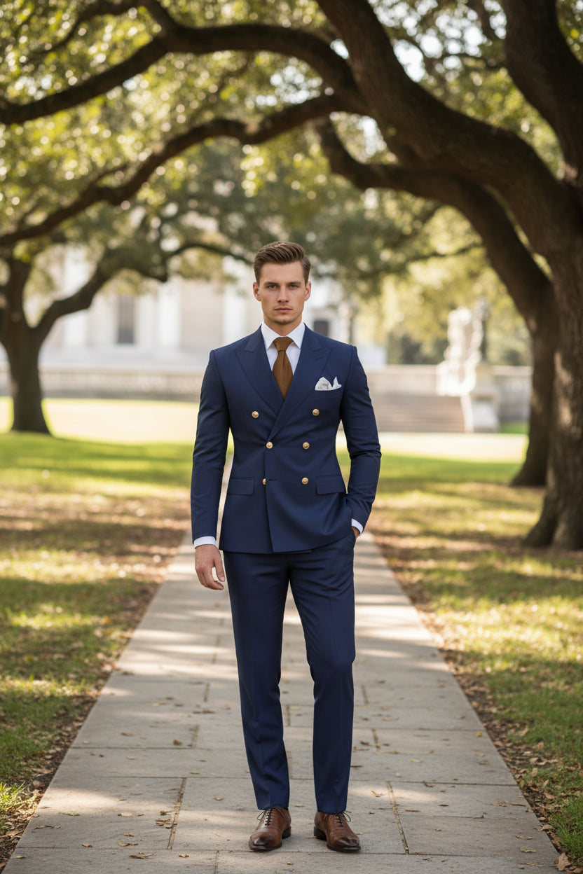 Blue suit with gold buttons and a brown tie on a white background, featuring 'Customize Mens-Tuxe Store' text.
