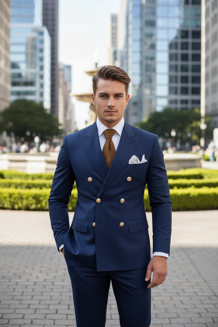 Blue suit with gold buttons and a brown tie on a white background, featuring 'Customize Mens-Tuxe Store' text.