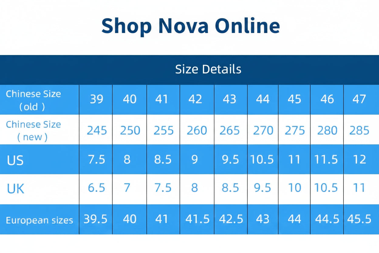 Clohoo size chart comparing Chinese, US, UK, and European sizes.