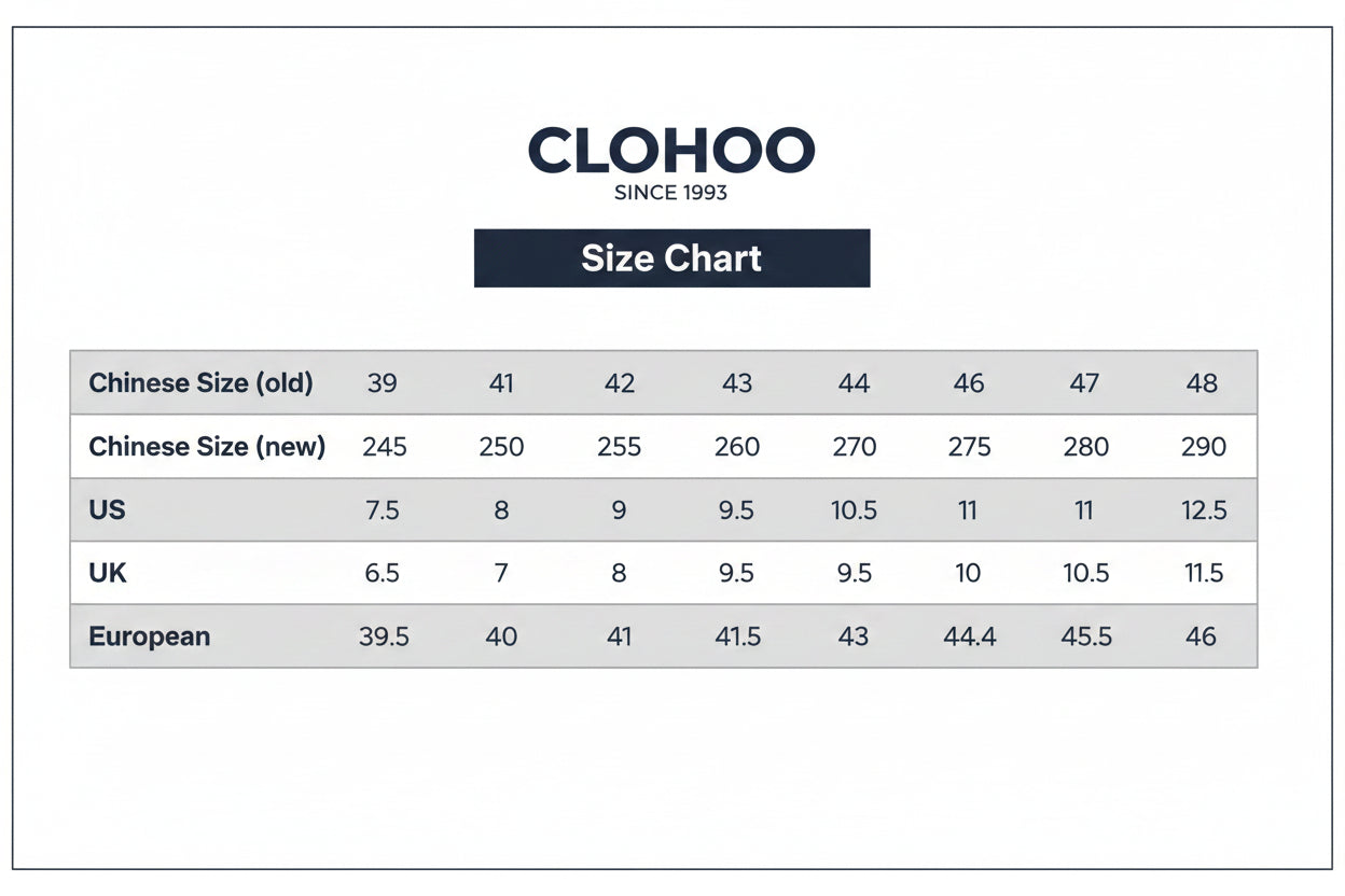 Clohoo size chart comparing Chinese, US, UK, and European sizes.