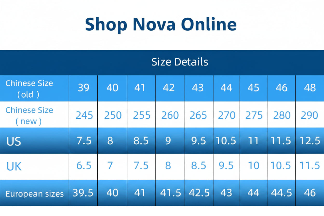 Clohoo size chart comparing Chinese, US, UK, and European sizes.