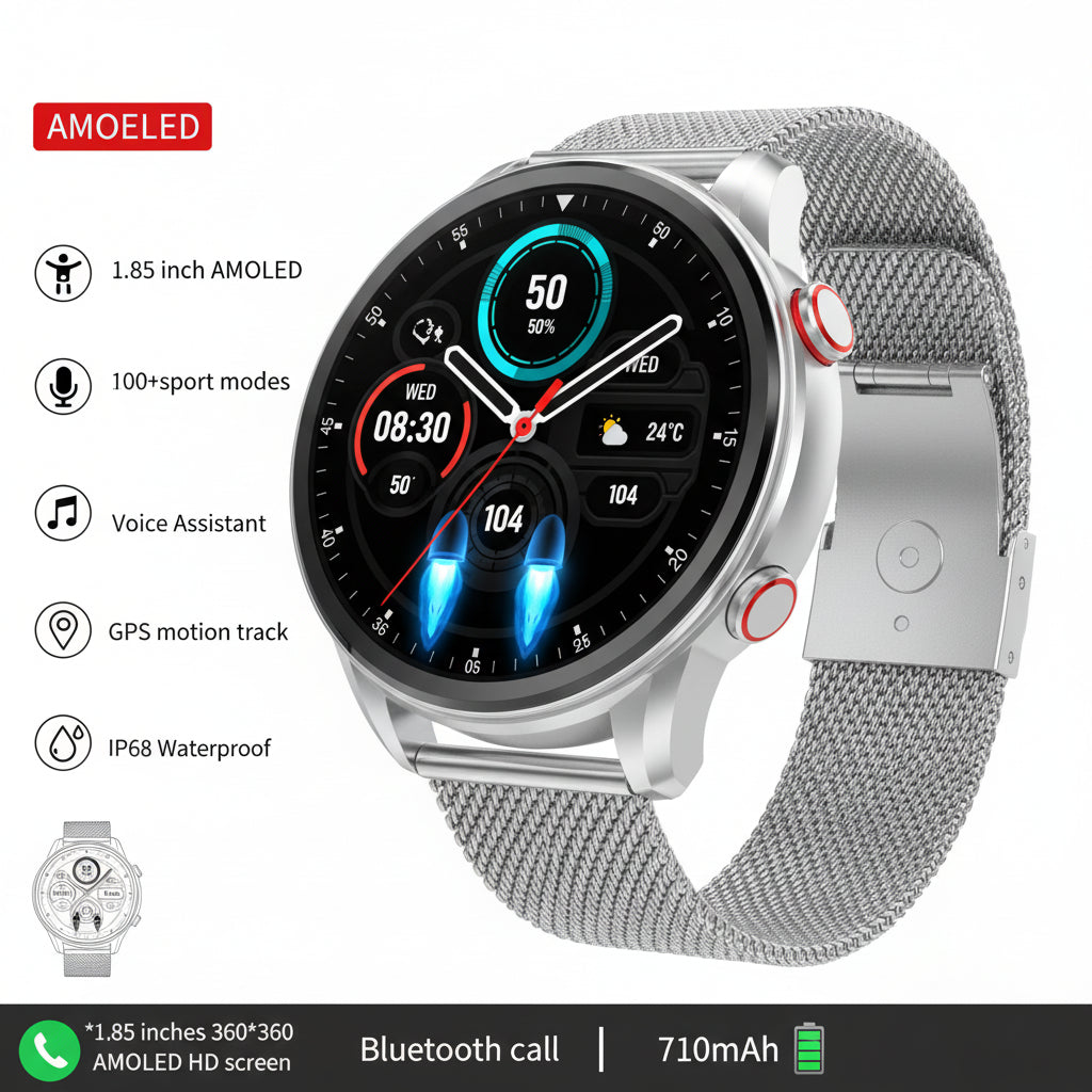 Smartwatch with metallic band and AMOLED display on a white background