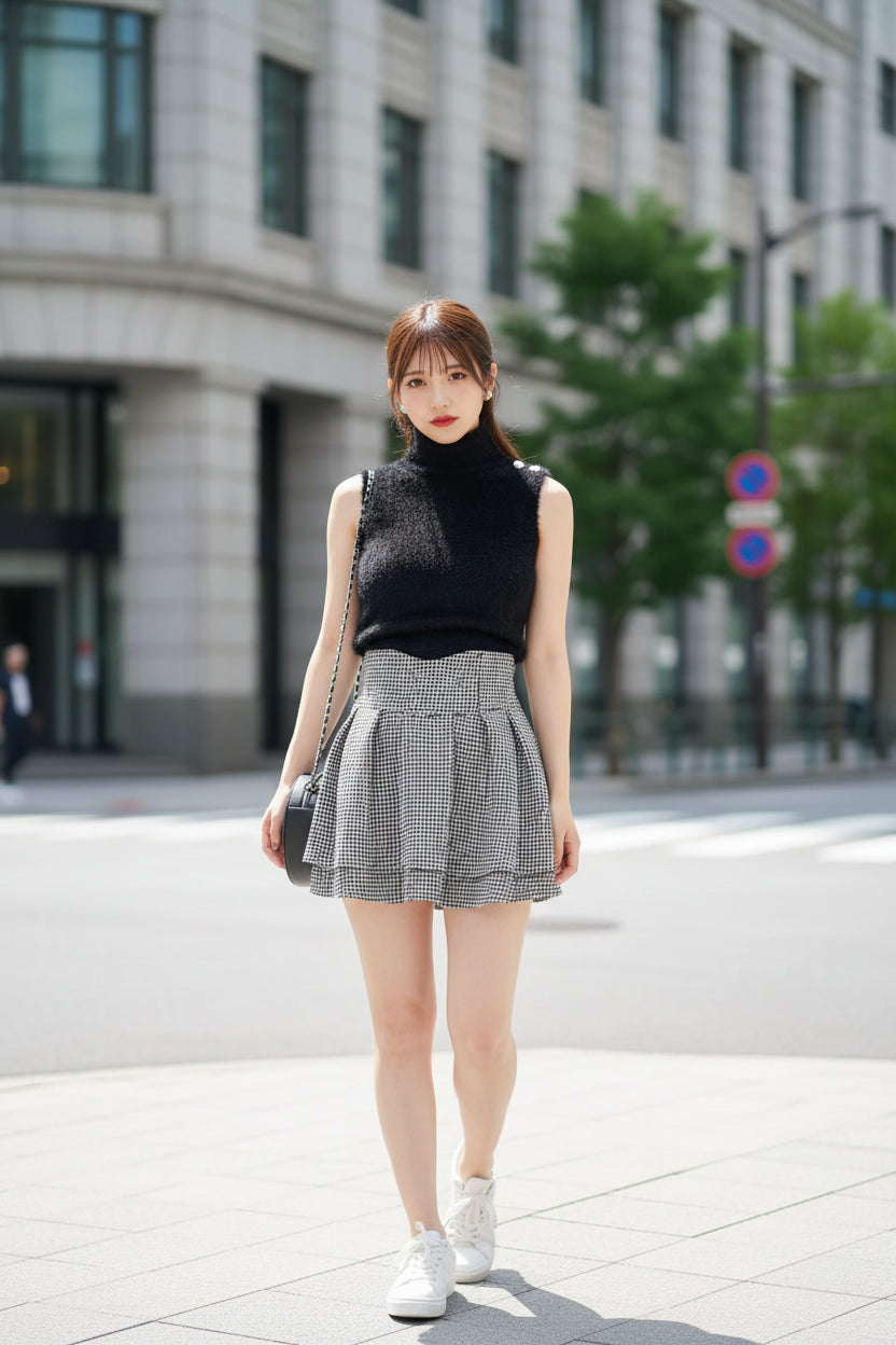 Woman wearing a black sleeveless top and checkered skirt in a room.