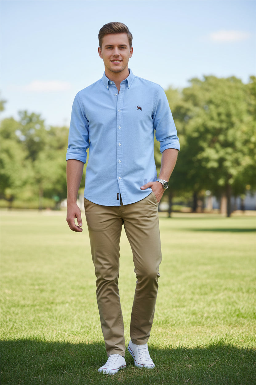 Casual Pure Cotton Oxford Men's Shirt  Long Sleeve with Embroidered Horse