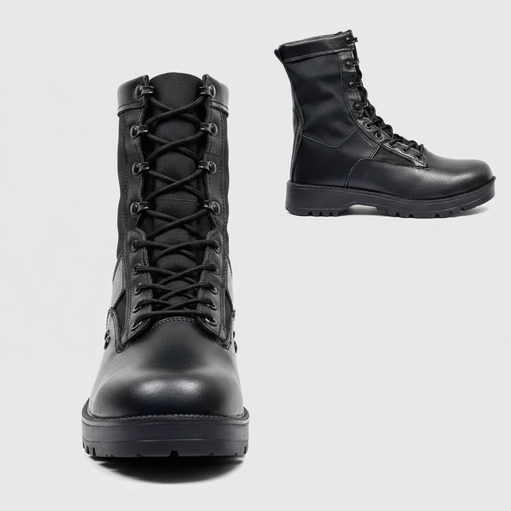 Black leather boots with laces on a white background