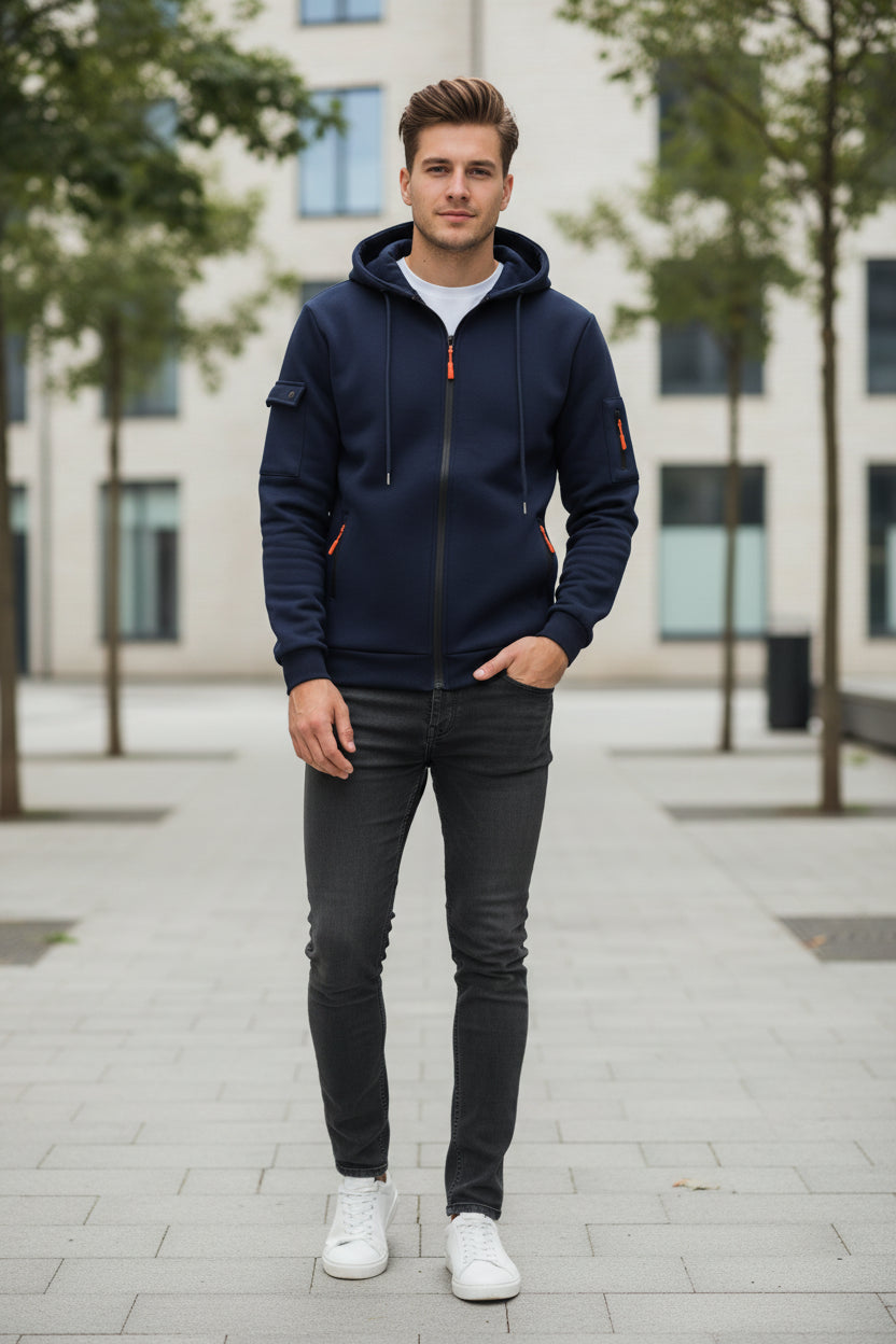 Navy blue hoodie with orange accents on a white background