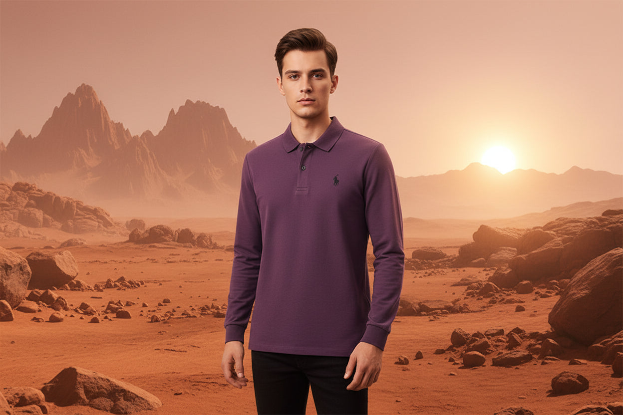 Purple long-sleeve polo shirt with a brand logo on a rack of other shirts.