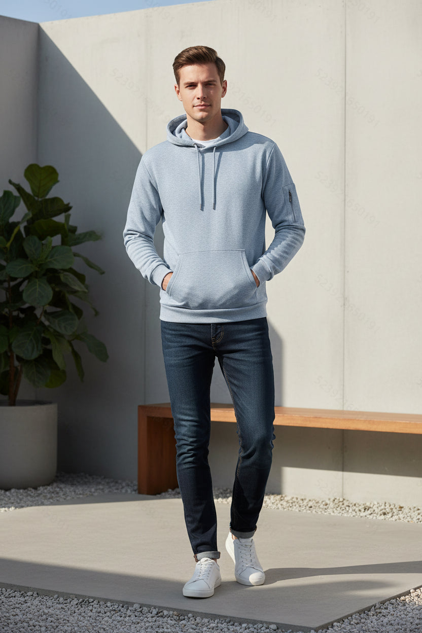 Light blue hoodie shown from the back on a white background