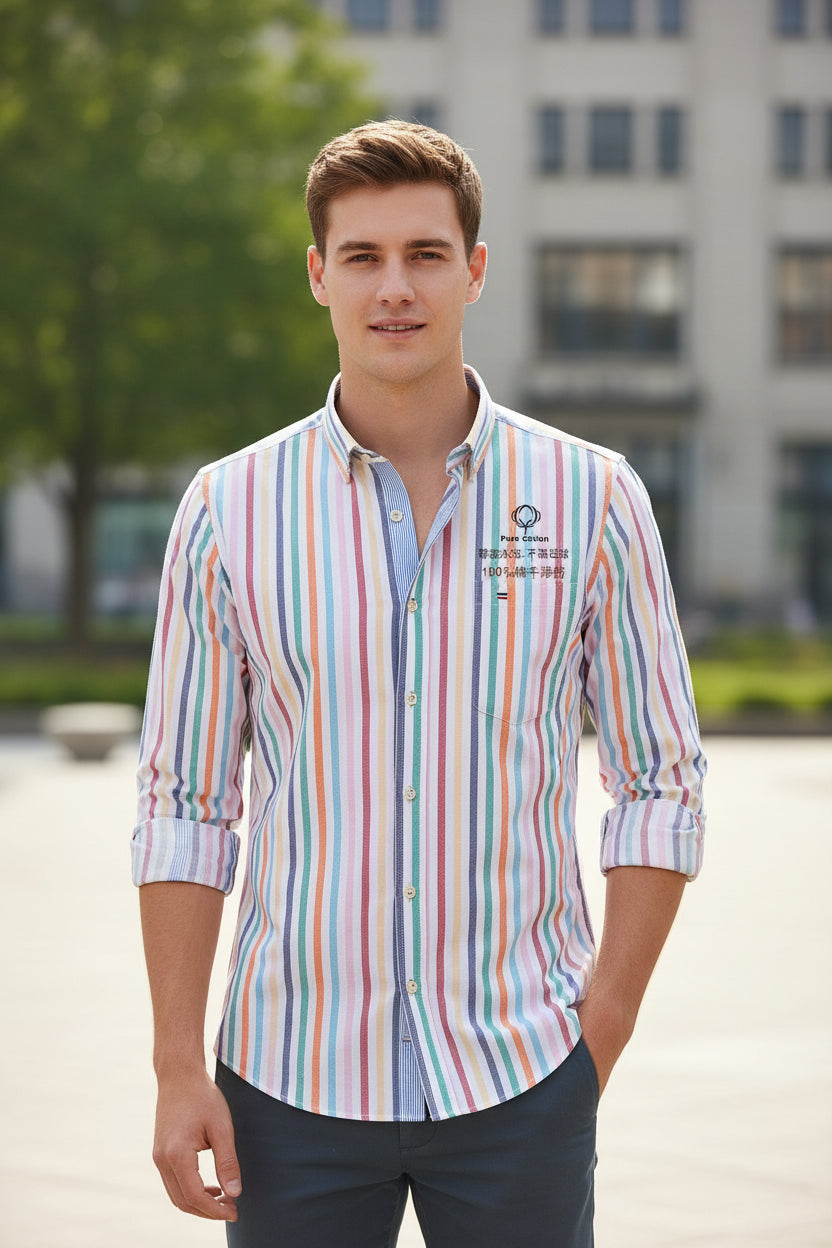Folded multicolored striped shirt with brand logo on a white background