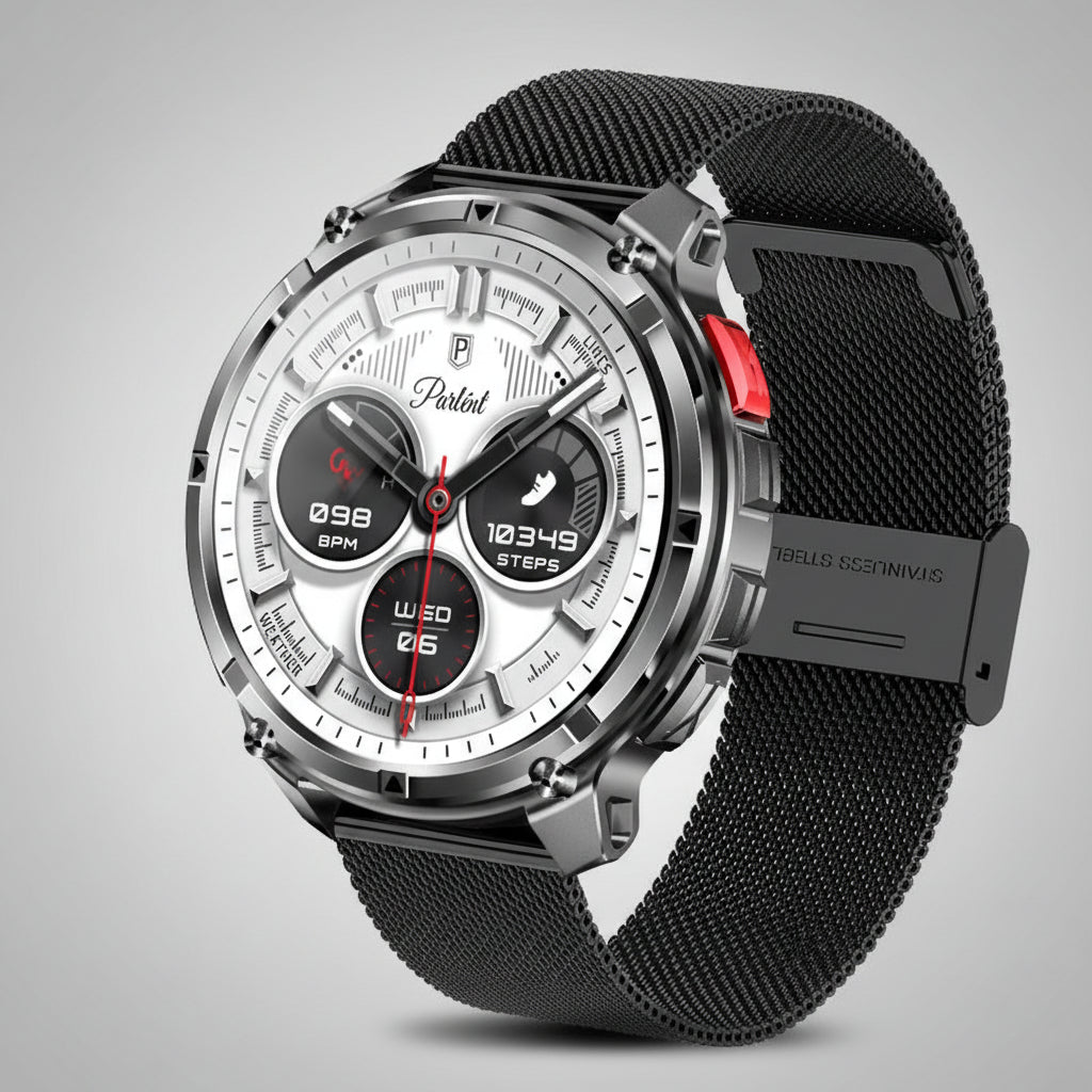 Smartwatch with black mesh band and detailed features on a light gray background