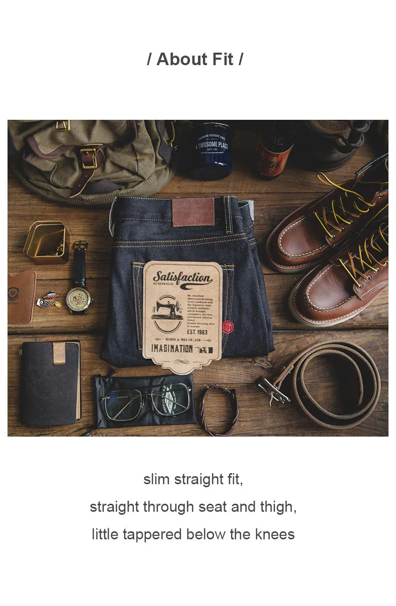Jeans with accessories on a wooden surface, featuring text about fit.
