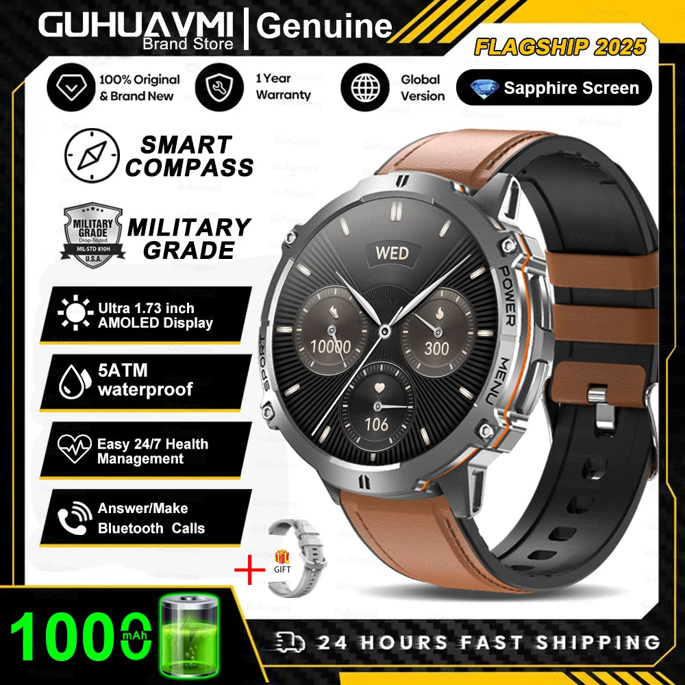 Smartwatch with brown and black band on a promotional background with text about features and brand.