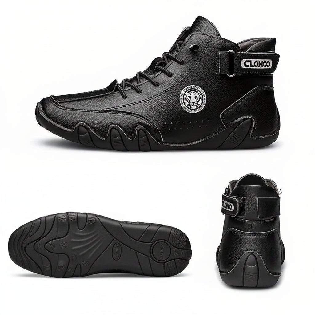 Black leather shoes with brand logo on a white background