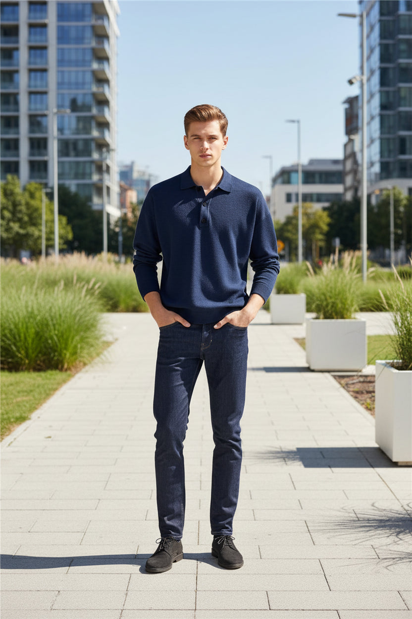 Person wearing a navy blue sweater with a plain background
