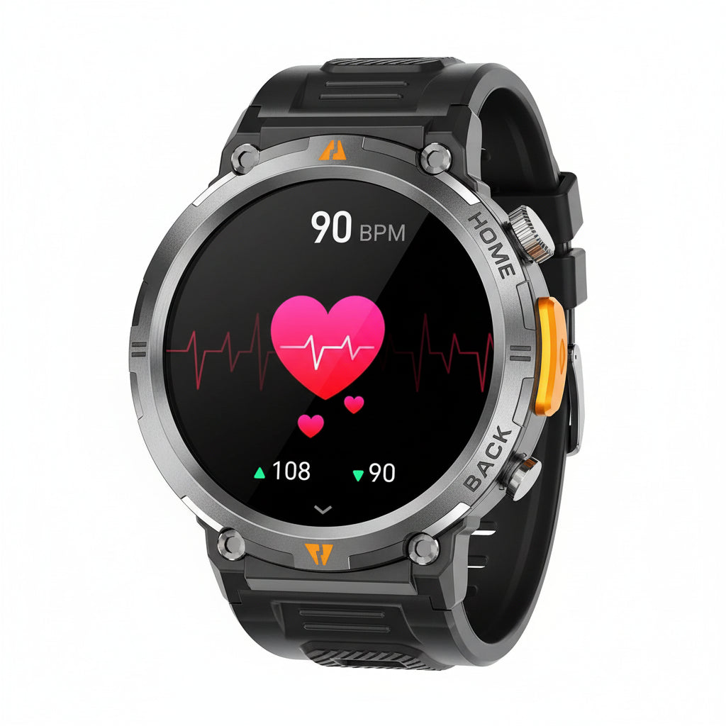 Man hiking with a smartwatch and phone displaying health data monitoring app
