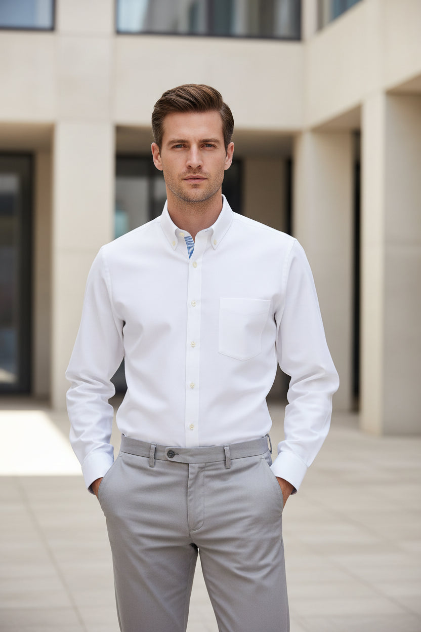 White dress shirt with blue collar on a light gray background