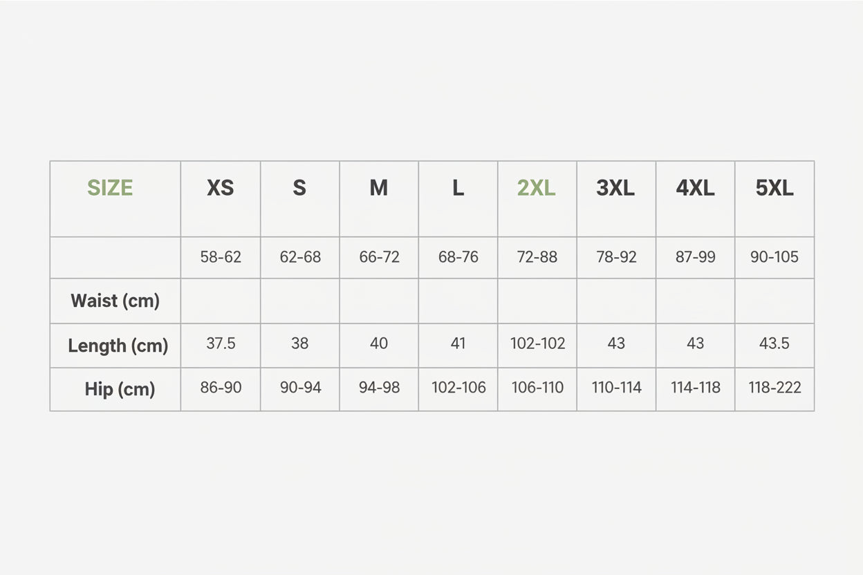 Size chart for waist and length with green border and white background