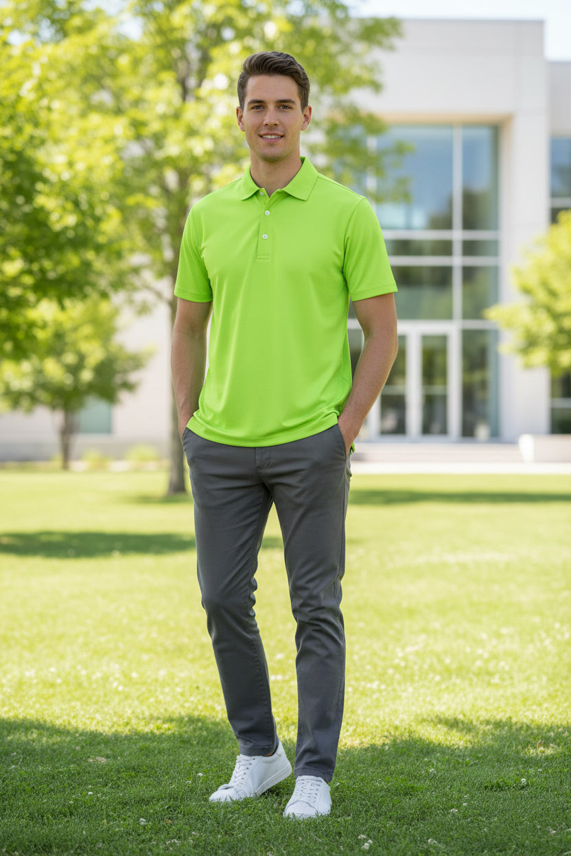 Lime green polo shirt on a white background