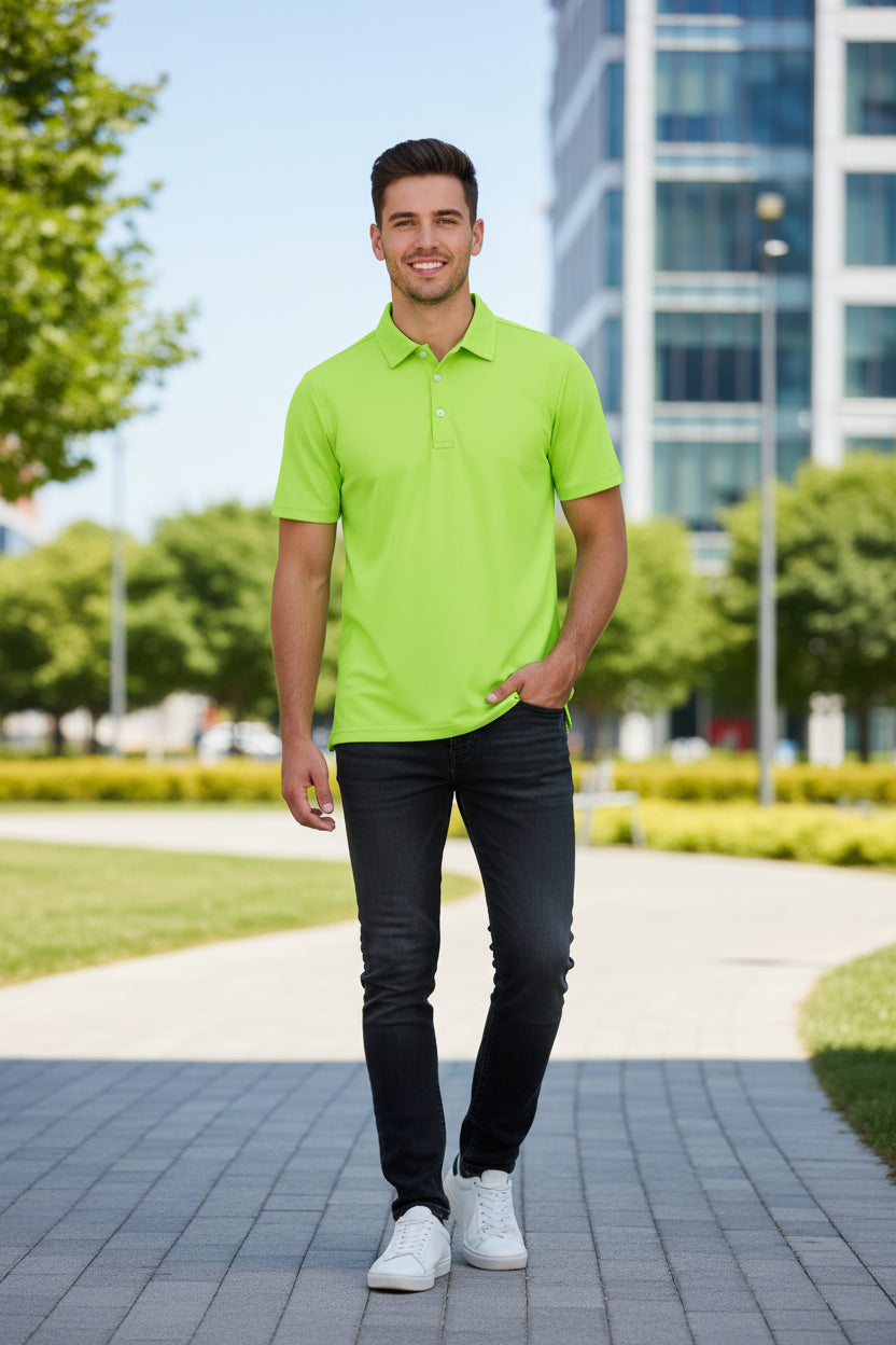 Lime green polo shirt on a white background
