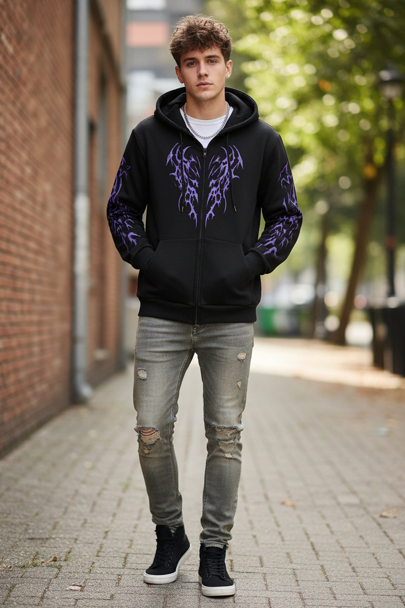 Black hoodie with purple tribal designs on sleeves against a white background
