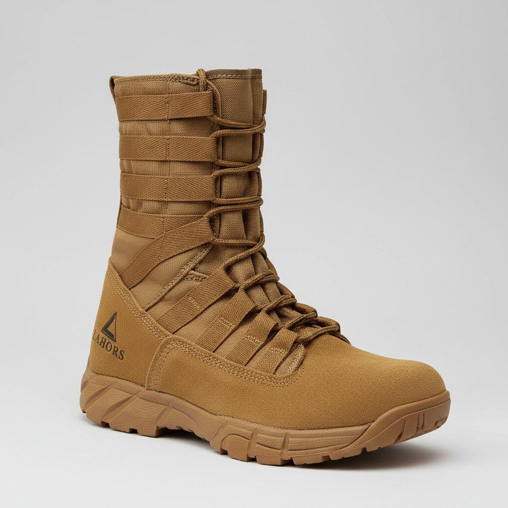Tan boot with labeled features on a white background