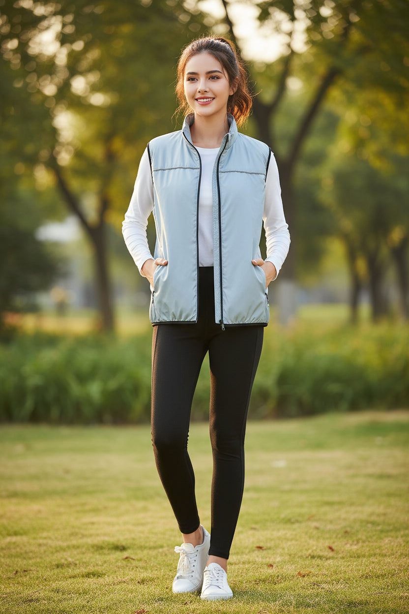 Light blue vest with black accents on a white background