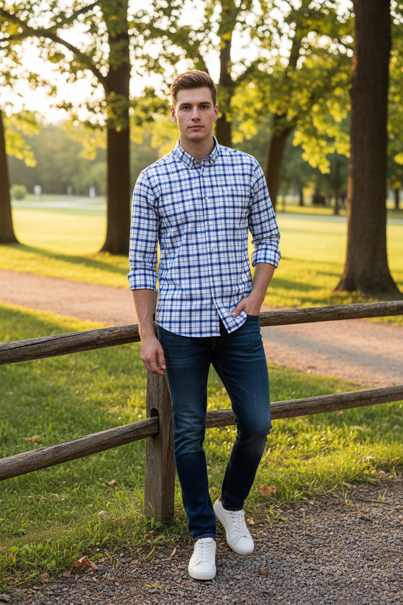 Folded blue and white checkered shirt with a brand label on a light gray background