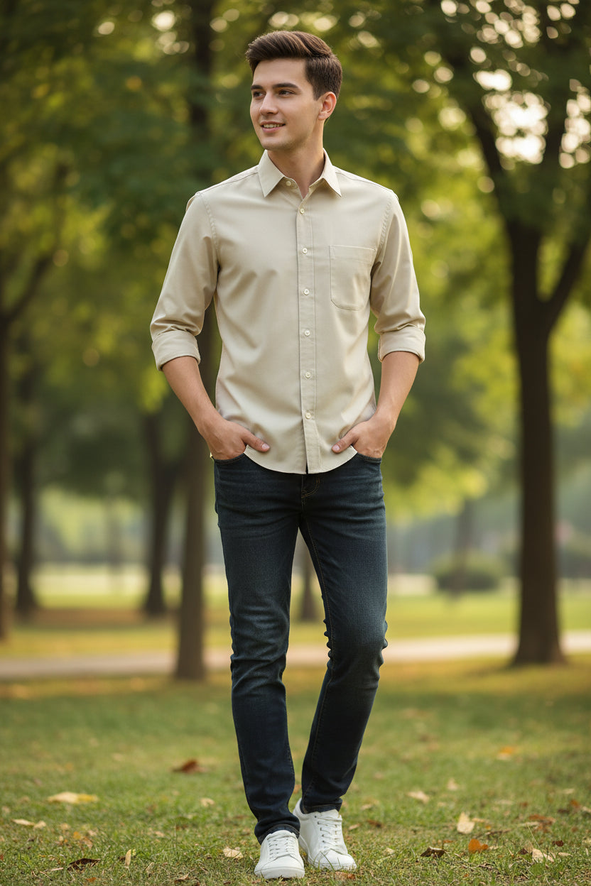 Men's Beige 100% Cotton Long Sleeve Button-Down Shirt with Pocket  Casual