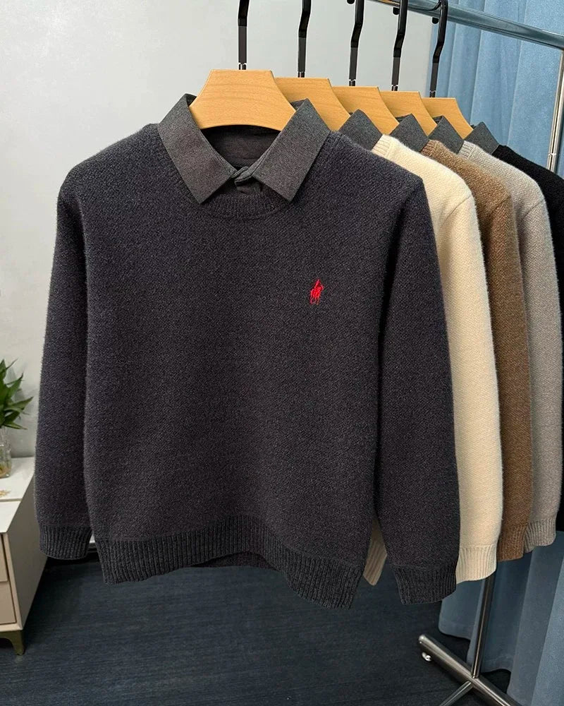 High end trendy pony embroidery men's sweater luxury brand fashion Paul winter velvet warm striped shirt collar knitted pullover
