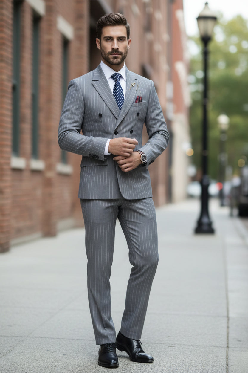 Man wearing a gray pinstripe suit with a blue tie against a blurred background
