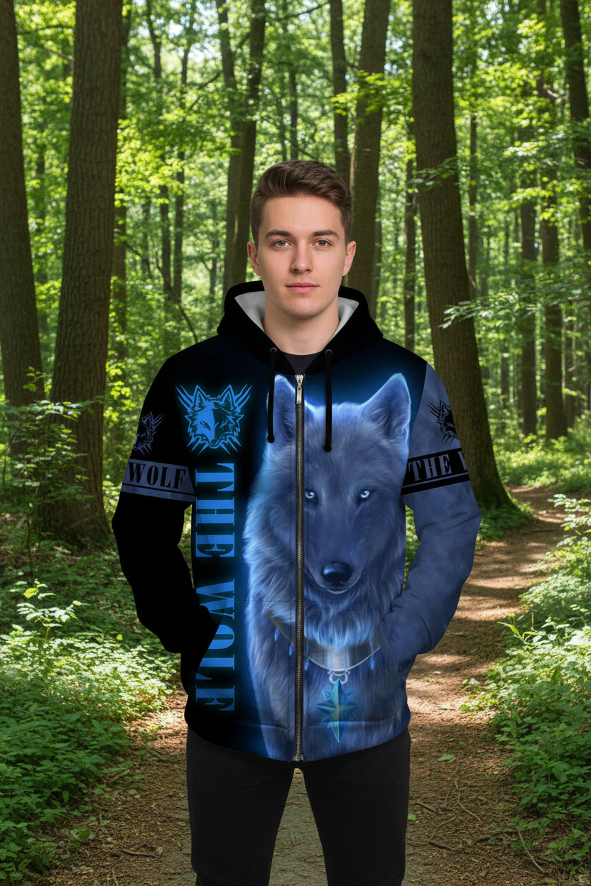 Hoodie with wolf design and 'The Wolf' text on a white background