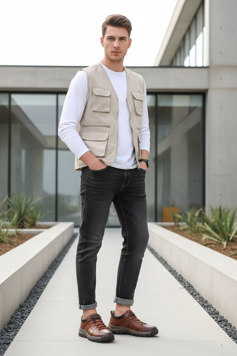 Brown leather shoes worn with rolled-up jeans on a wooden floor.