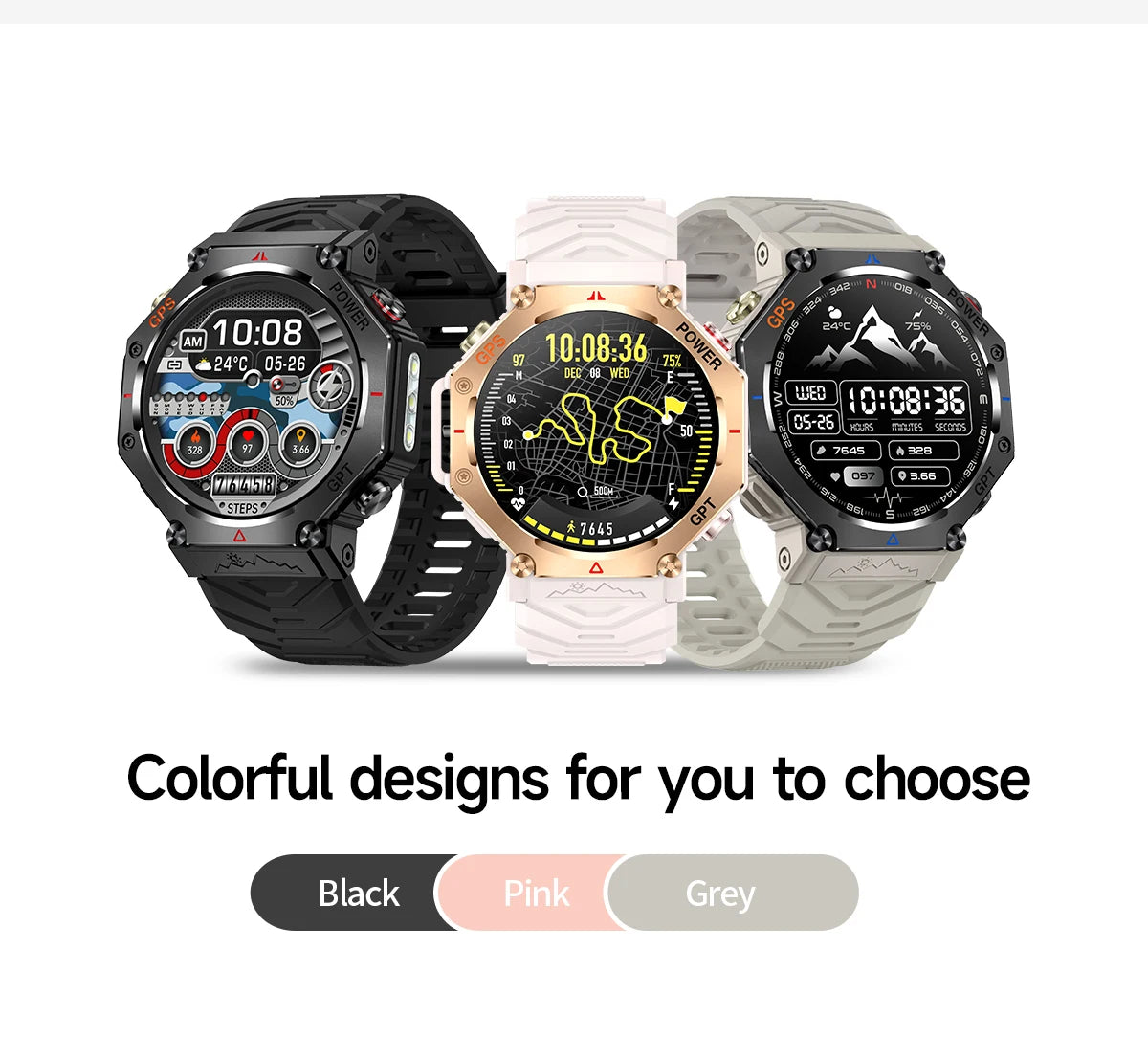 Three smartwatches in black, pink, and gray with digital displays on a white background.